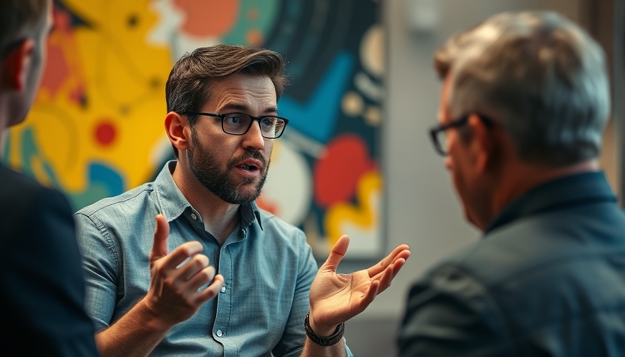 Man animatedly discussing finance, how to improve credit score, colorful setting.