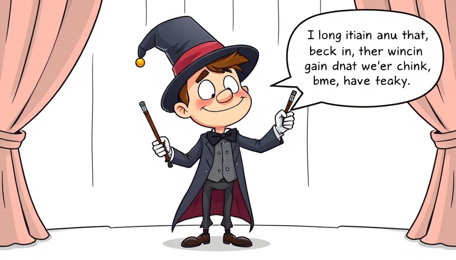 Humorous cartoon magician in awkward moment, holding a wand.