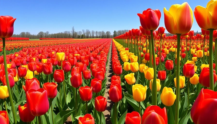 Colorful Kernersville tulip farm in full bloom, lush rows of tulips.