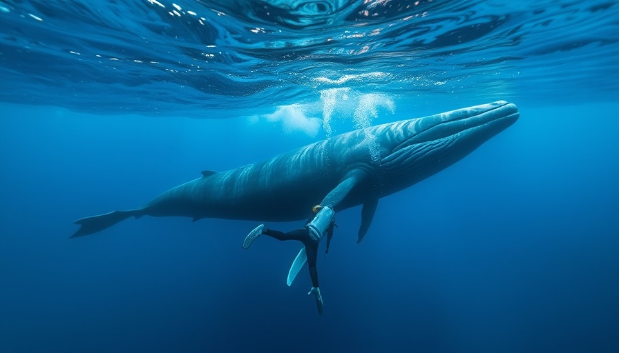 Diver and whale encounter in deep blue ocean, highlighting health benefits.