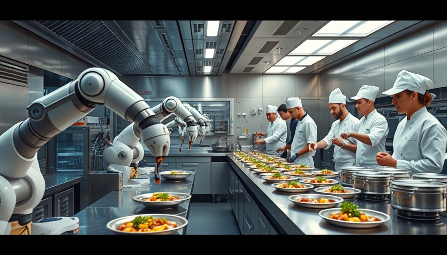 Modern restaurant kitchen automation with robotic arms.