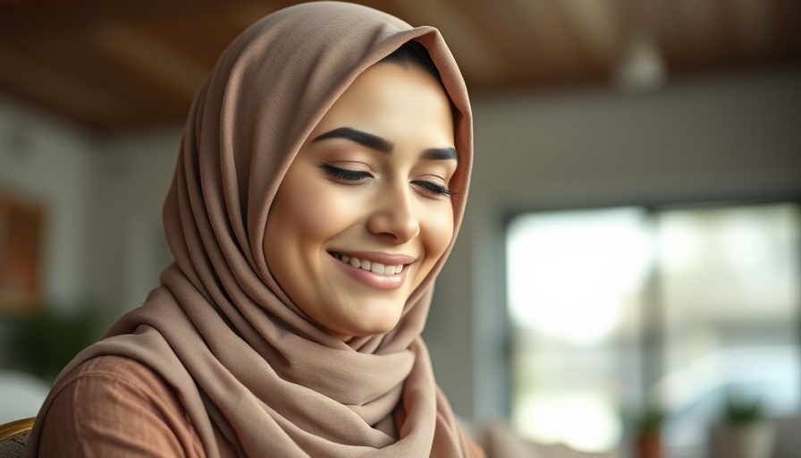 Young woman in hijab smiling, indoor setting, warm lighting.