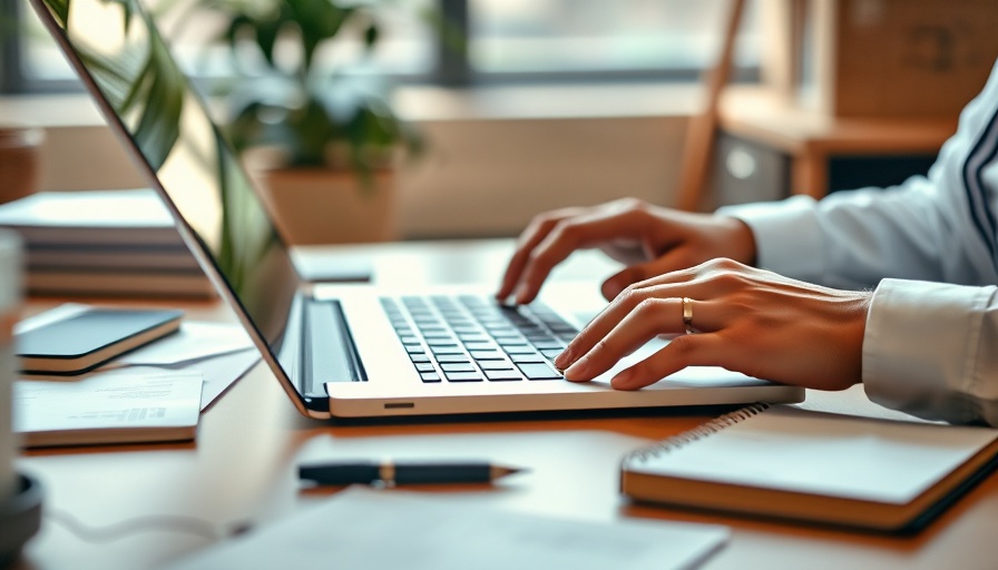 Hands typing on laptop in office, realistic work setting.