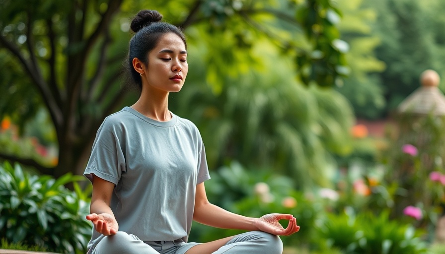 Mindful meditation practice in a serene garden setting, reducing anxiety.