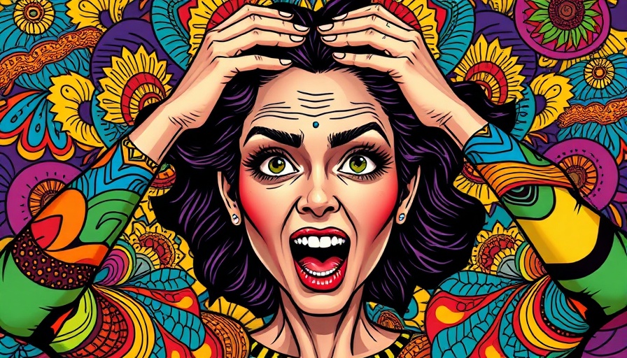 Vibrant cartoon woman surrounded by colorful patterns indicating stress.