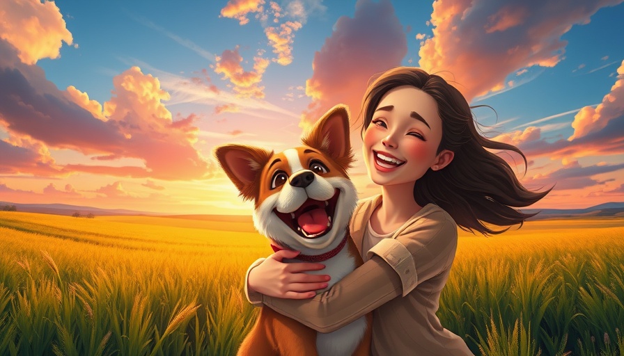 Mindful woman with dog in serene field, bright sky.