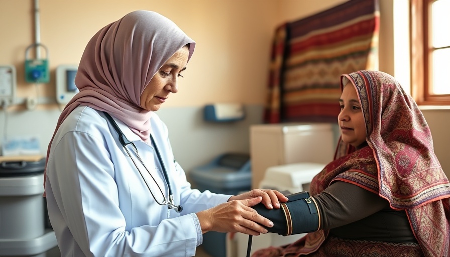 Healthcare worker checks blood pressure in Afghanistan clinic.