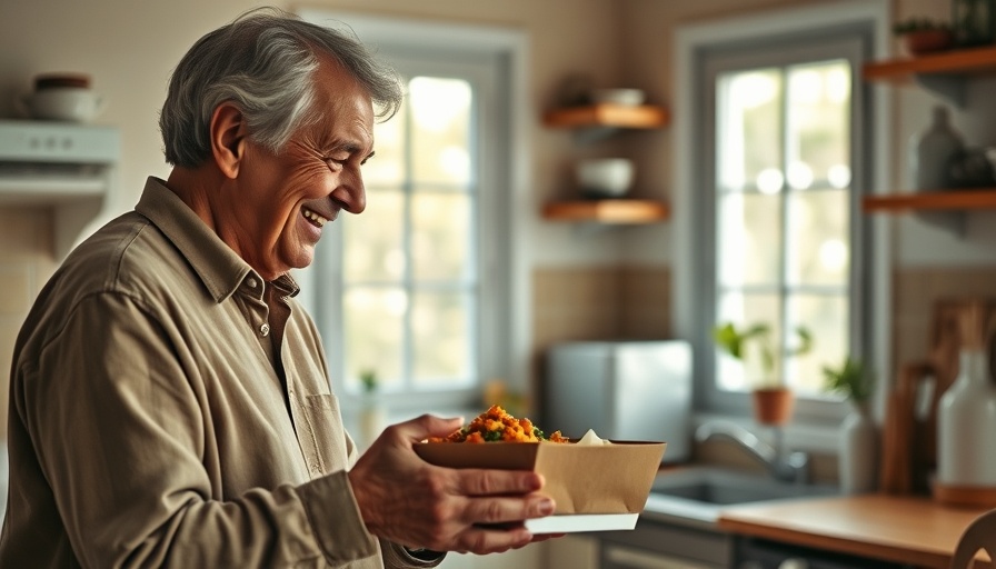 Elderly woman receiving Meals on Wheels service in kitchen.