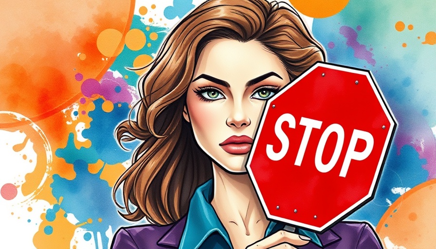 Woman with stop sign, watercolor style illustration, mindfulness context