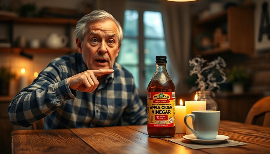 Surprised man points at apple cider vinegar, nighttime benefits context.