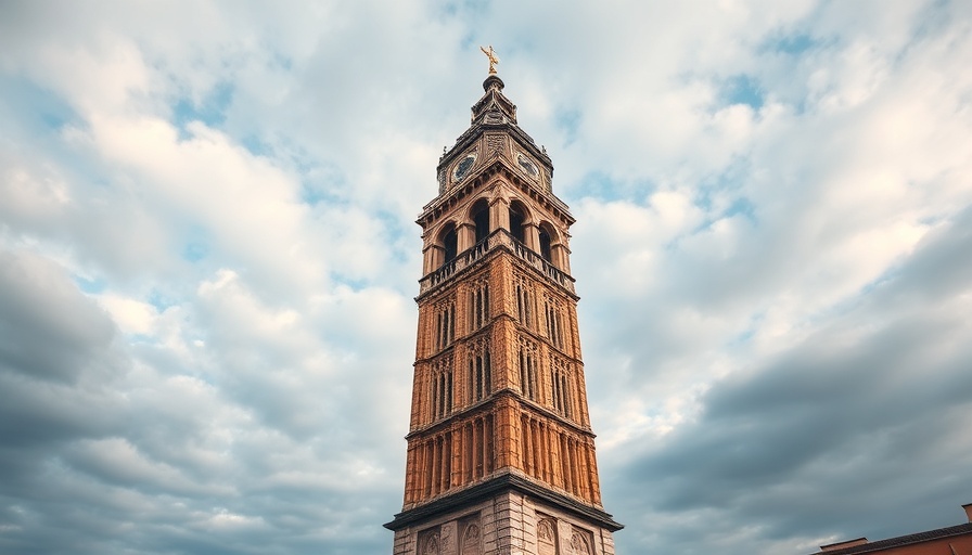 Historic tower at sunset, representing pronatalism movement in America.