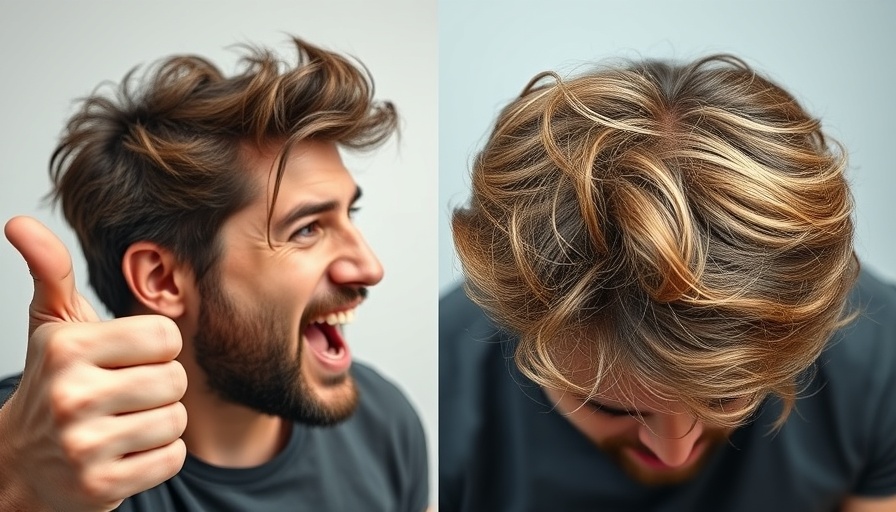 Thicker and shinier hair transformation, excited man pointing at before and after.