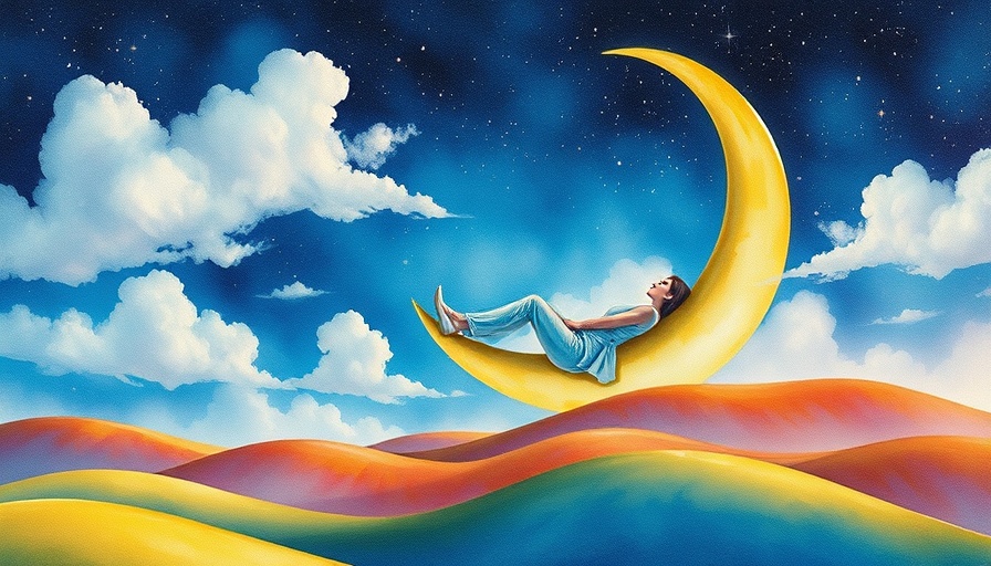 Dream-like watercolor of a person on a crescent moon, colorful sky.