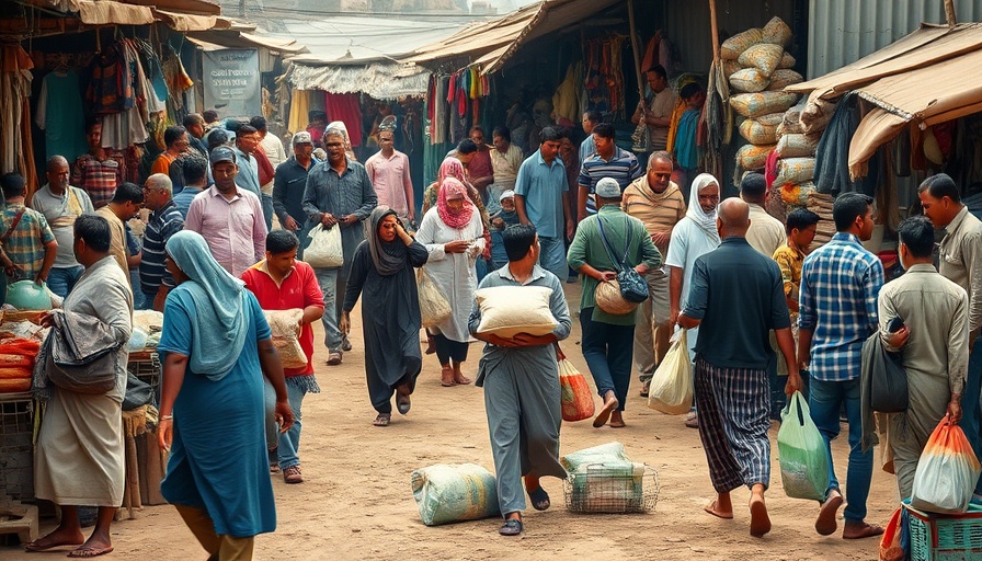 Market scene depicting resource distribution amid USAID contract cancellations.