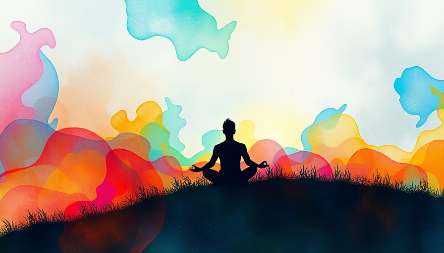Abstract painting of meditation scene with vibrant colors, mindfulness meditation practices for reducing anxiety.