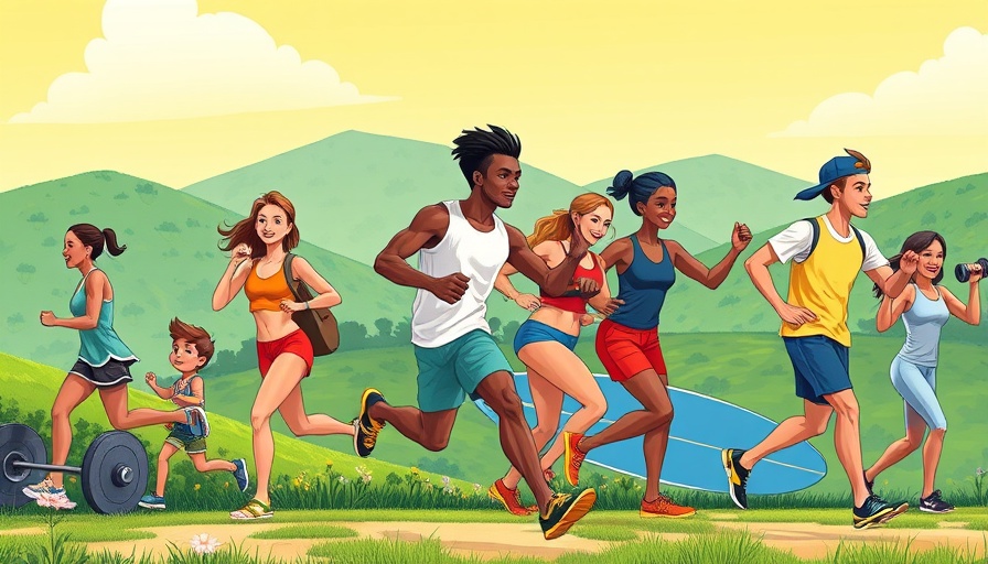Colorful cartoon of people moving and exercising outdoors to retrain your brain.