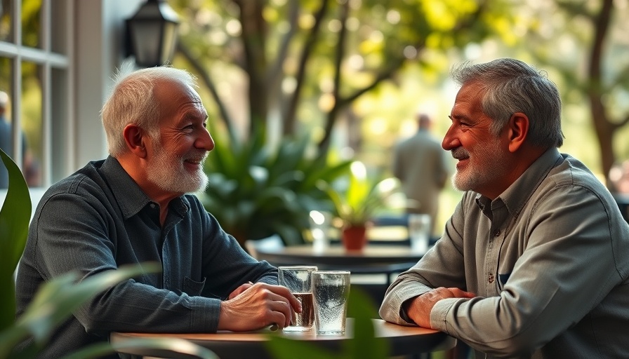 Aging men enjoying social connection in a cozy outdoor cafe setting.