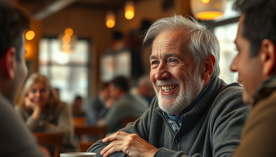 Aging men social connection concept with NPR theme.