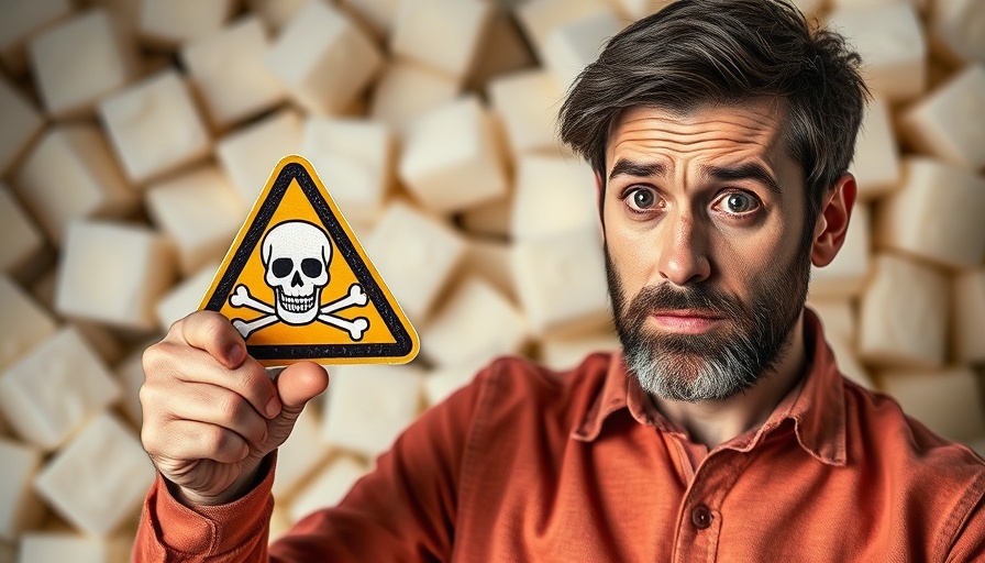 Stop Sugar Now warning with sugar cubes and skull symbol.