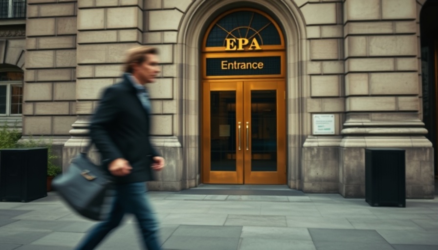 Blurry person walks past EPA entrance, focus on door text.