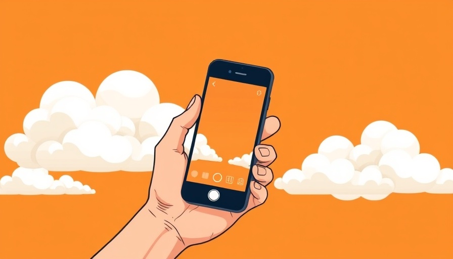 Illustration of smartphone in hand with clouds on orange background.