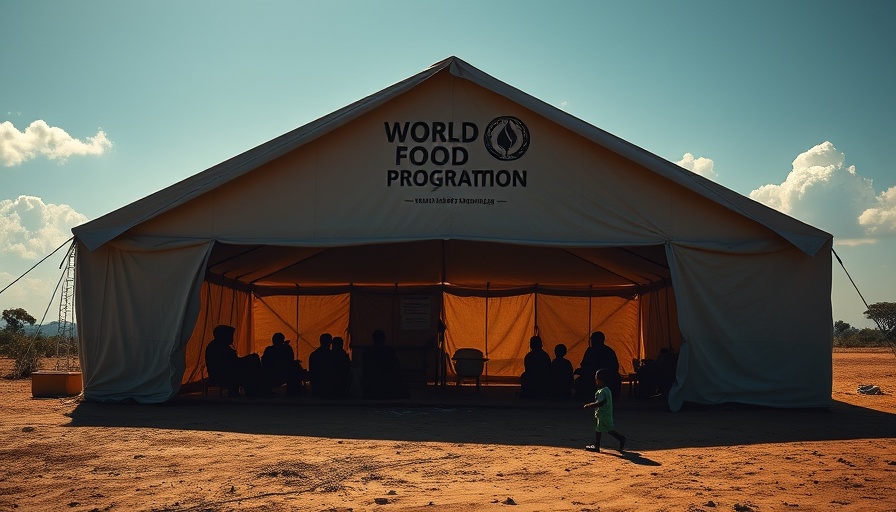 World Food Programme tent with people impacted by funding cuts sitting in shade.