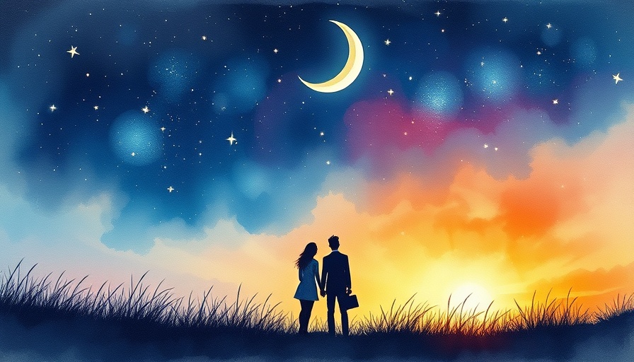 Romantic couple holding hands under a starry night sky.