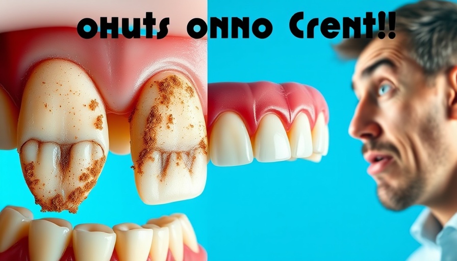 Close-up of teeth with plaque and tartar removal concept, surprised man, vibrant.