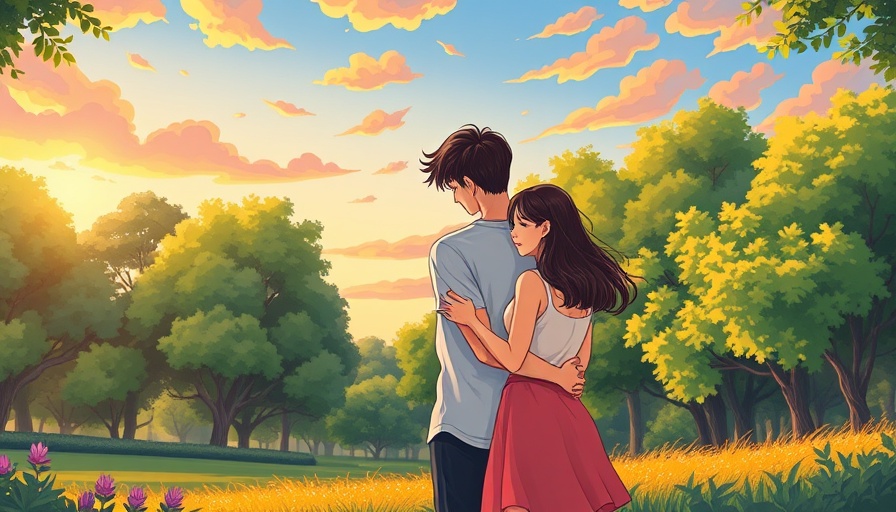 Cartoon couple embracing mindfully in colorful park landscape.