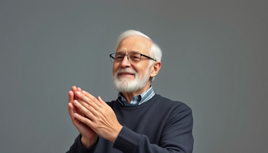Elderly man clapping with gratitude, photorealistic.