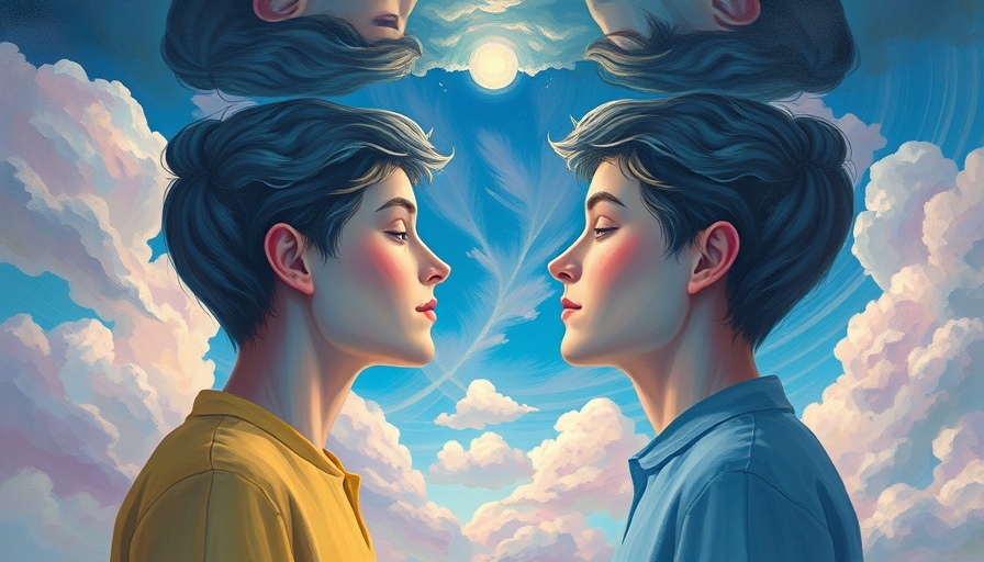 Surreal sky painting with two people facing; mindfulness meditation practices for reducing anxiety.