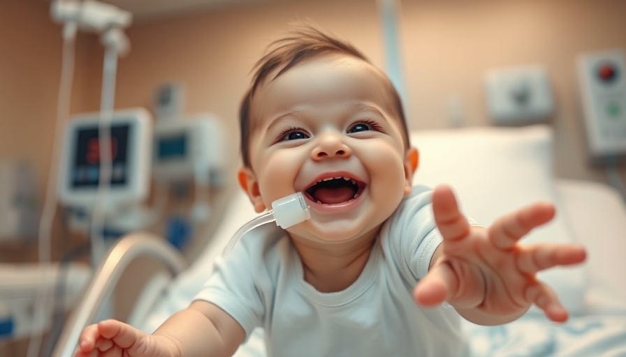 Joyful baby undergoing gene-editing treatment using CRISPR in hospital.