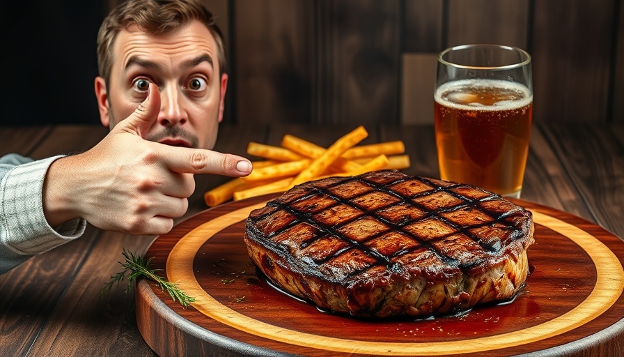 Surprised face pointing at steak and beverage, health and wellness tips.