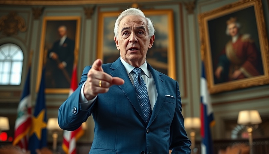 Public figure speaking emphatically in a formal setting.
