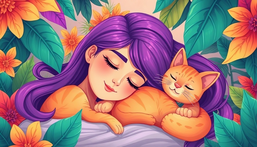 Cartoon woman and cat surrounded by colorful foliage, sleep quality and spiritual wellness.