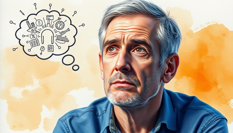 Watercolor portrait of a man with a thought bubble, conveying mindfulness meditation practices for reducing anxiety.