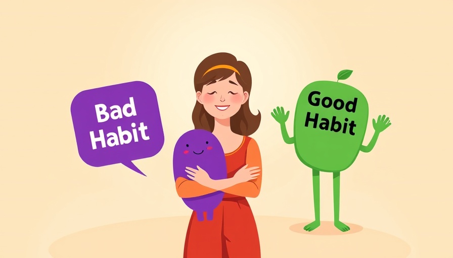 Cartoon of woman embracing 'Bad Habit' figure, interacting with 'Good Habit', mindfulness theme.