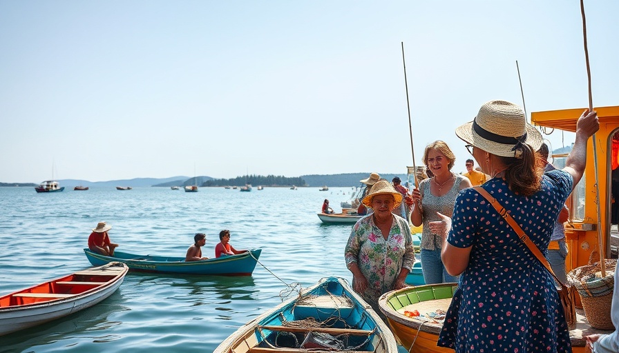 Vibrant lakeside scene of fishing community highlighting survival of No Sex for Fish women.