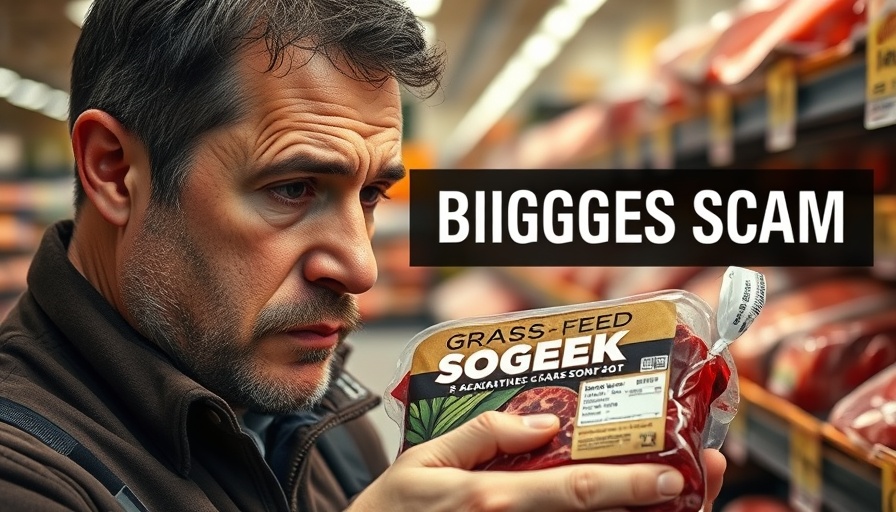 Concerned man holding grass-fed beef package labeled as a scam in supermarket.