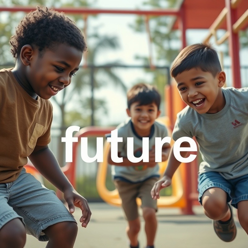 Young boys from diverse cultures playing joyfully in a playground, showcasing the future.