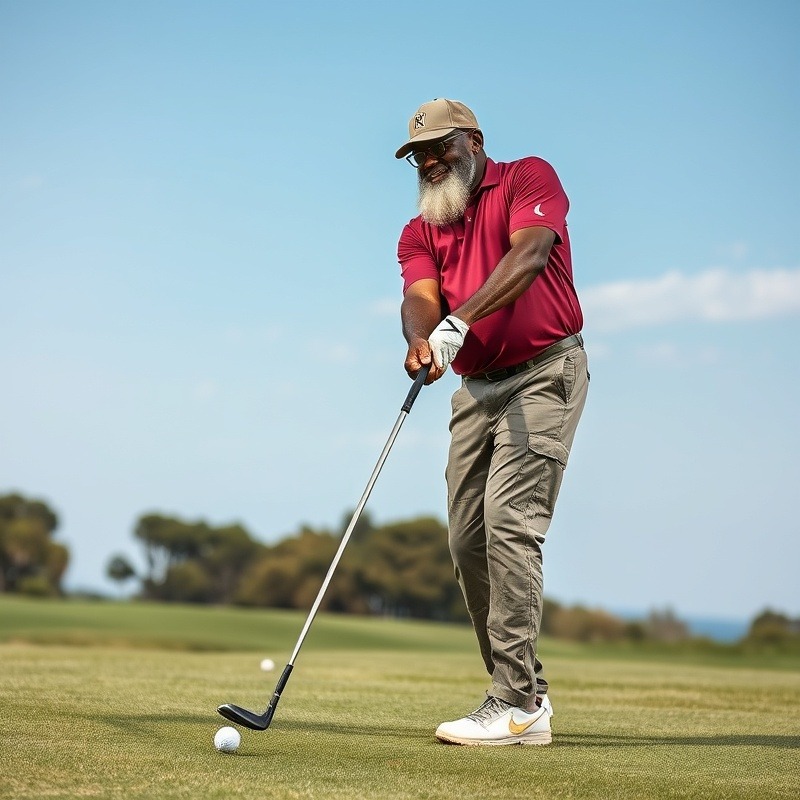 Black American military veteran teeing off on a wide golf course.