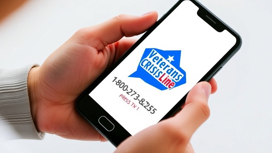 Person with smartphone displaying the Veterans Crisis Line logo, vital for veterans transitioning to civilian life.