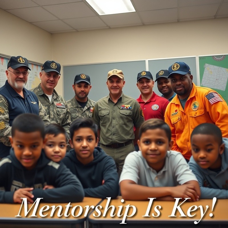 United States military veterans mentoring minority boys in a school, showcasing unity.