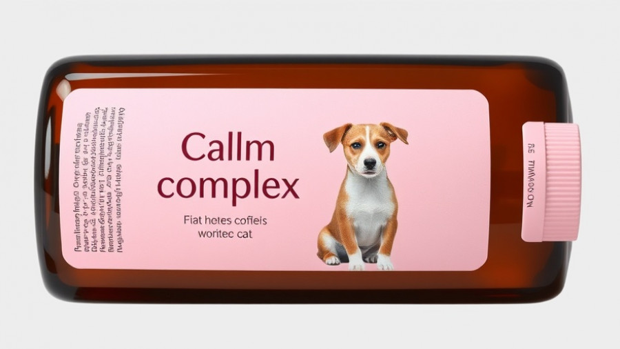 Pet food supplement bottle labeled Calm Complex.