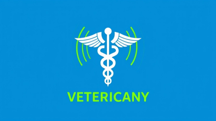 Veterinary caduceus logo with radio waves on blue background