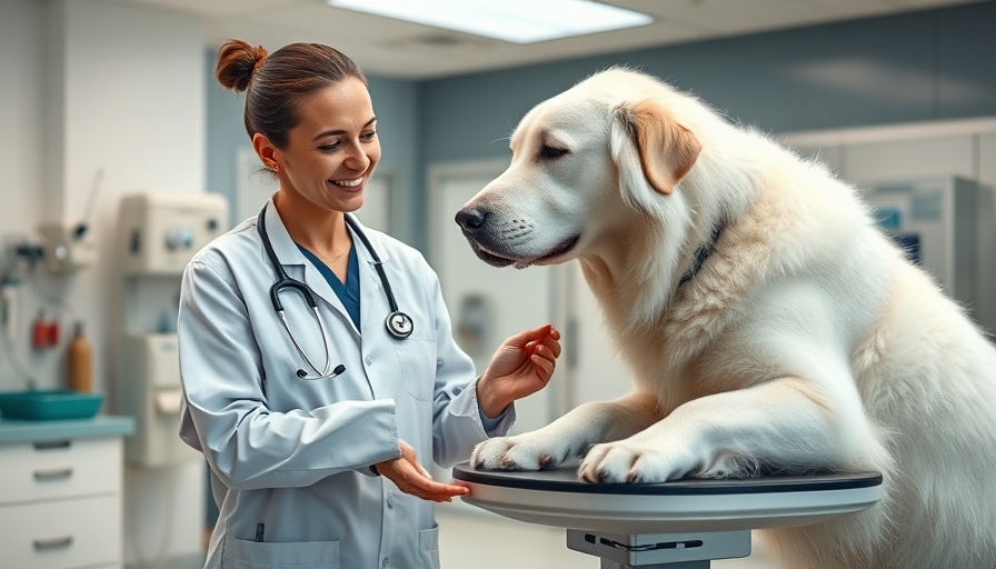 Veterinarian weighing a dog in a clinic discussing how to help my dog lose weight.