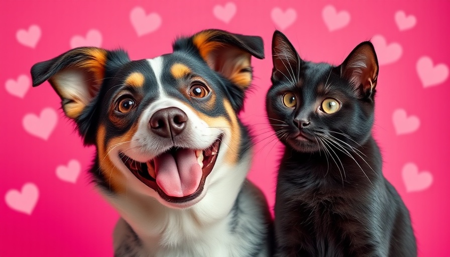 Valentine Love themed dog and cat with heart background.