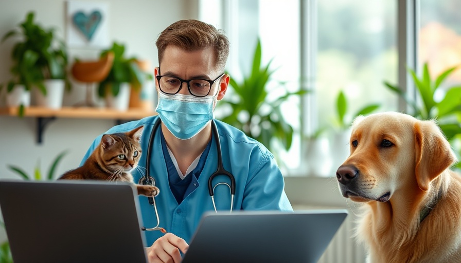 Young vet online consultation with pets, pet telemedicine healthcare.