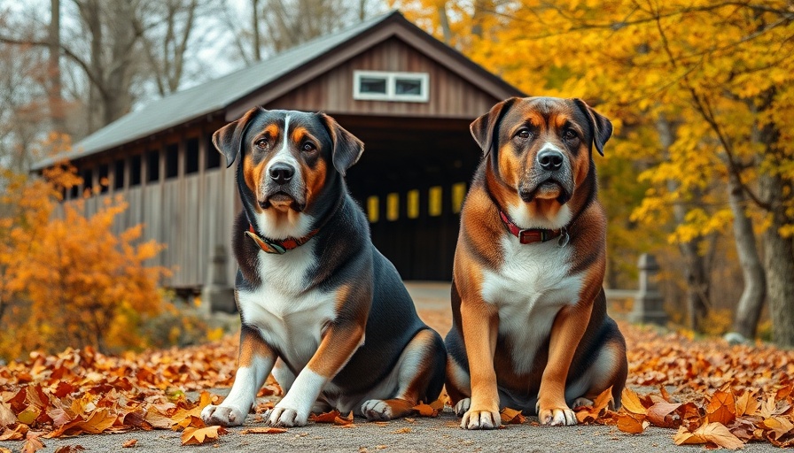 Two large dogs in New England fall scenery near a covered bridge.