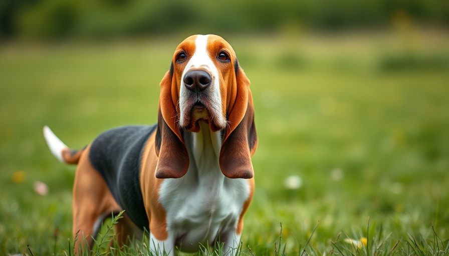 Older basset hound with ectropion standing in a grassy field.